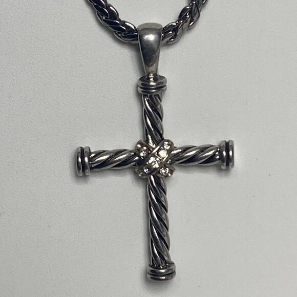 Silver Tone Rope Chain Necklace Chunky Twisted Cross Pendant Rhinestone Accents - Picture 3 of 9